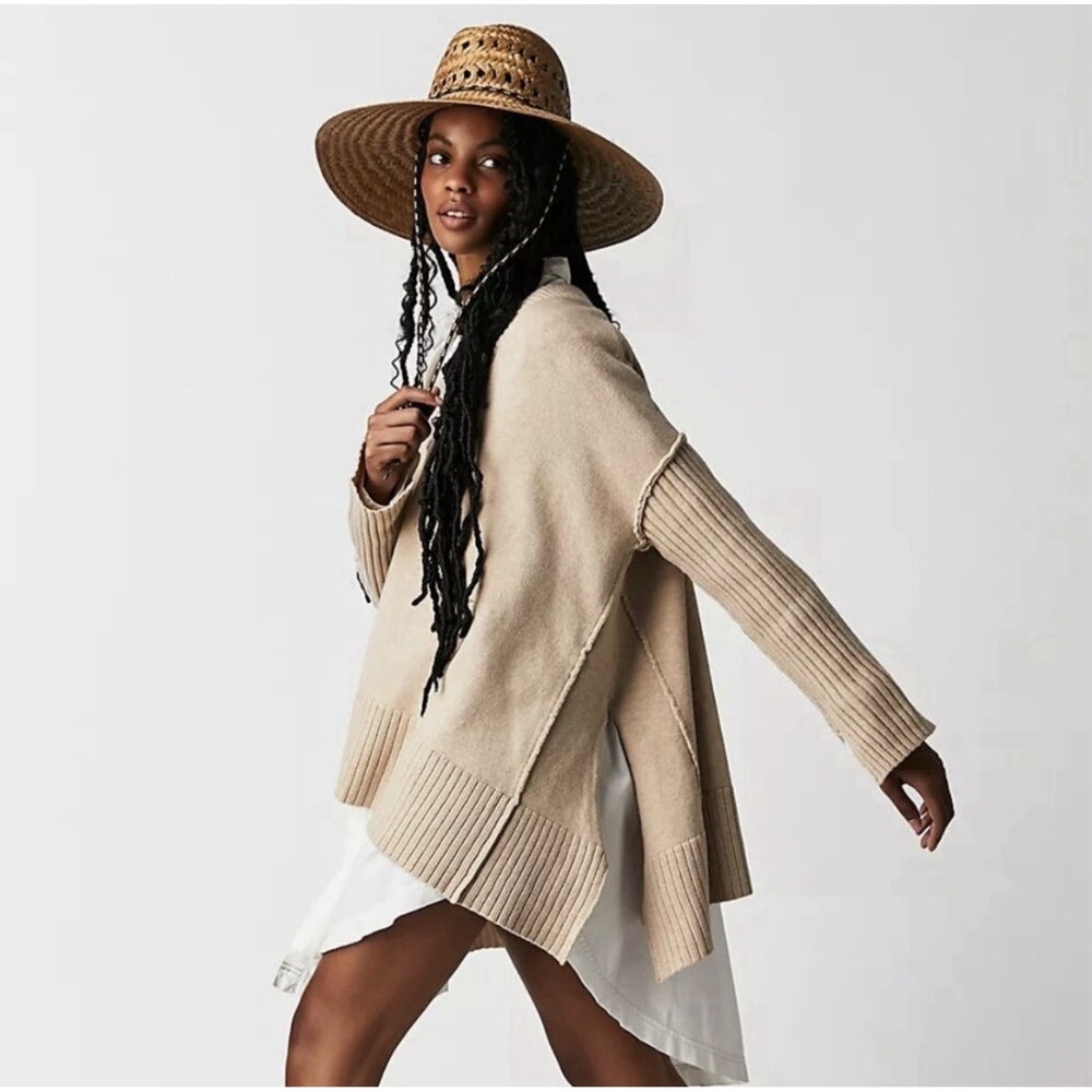Free People Orion A-Line Sweater Tunic M Almond Oversized V-Neck  $148 Retail